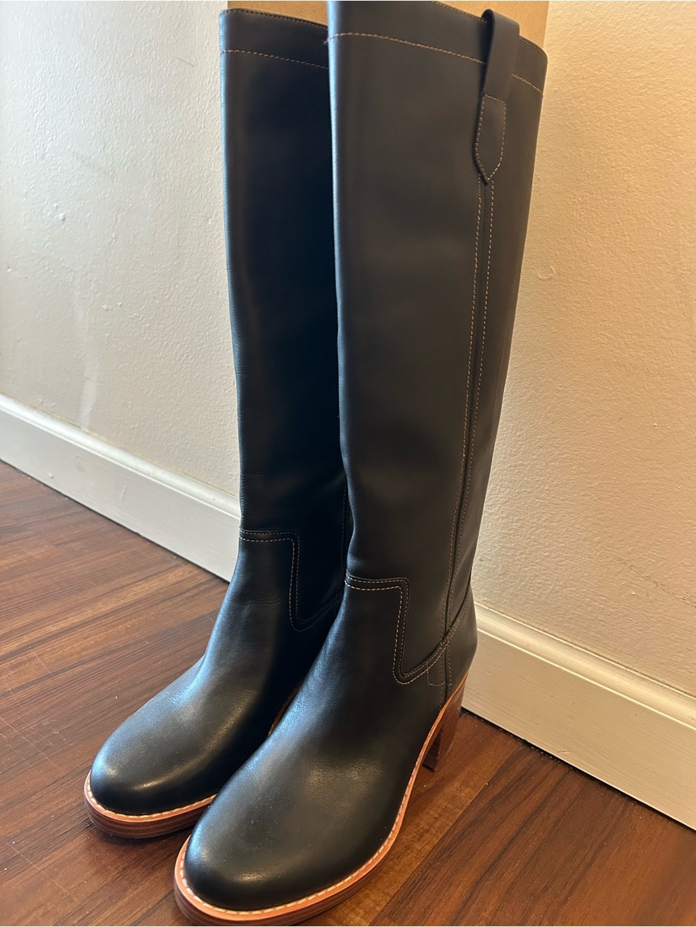 Nine West-Classic Black Leather Knee-High Boots with Brown Sole